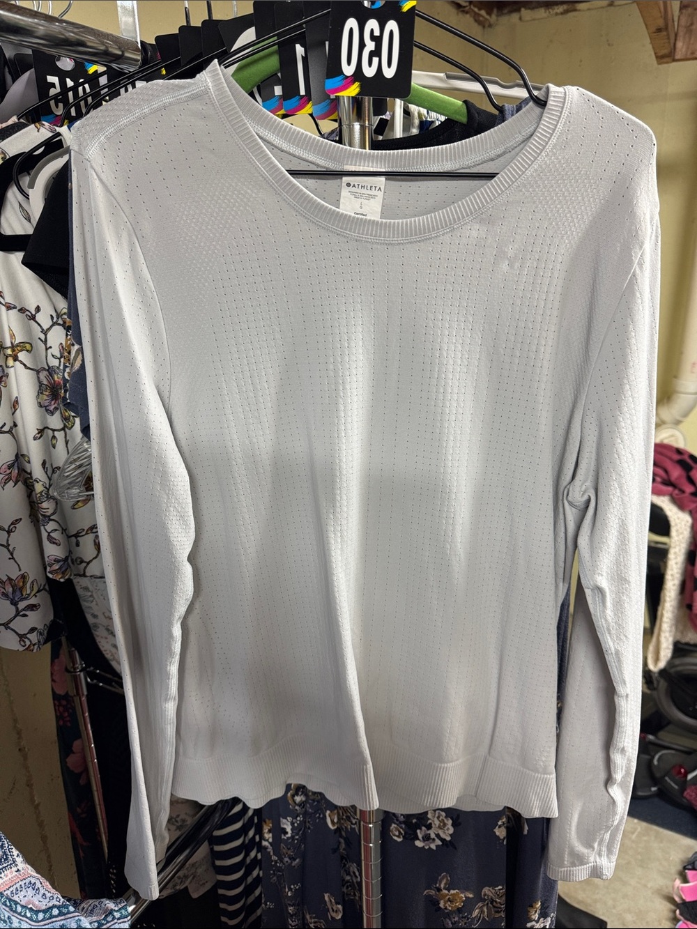 Athleta Light Gray Perforated Long Sleeve Crew Top